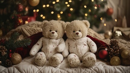 Twin teddy bears in white onesies are placed on a mattress, surrounded by Christmas decorations in a cozy room styled for the festive season, perfect for a holiday photo shoot.