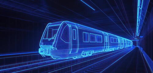 Rapid transit visualized through a dark blue 3D wireframe of a modern metro train.