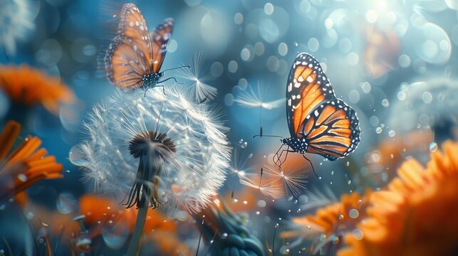 Fototapeta Two monarch butterflies flutter around a dandelion, with other dandelions in the background.