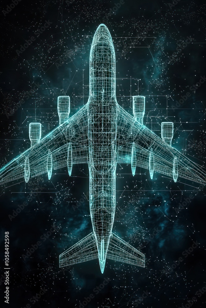 Wall mural airplane visualized with a glowing wireframe structure against a dark backdrop.
