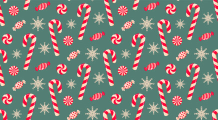 Christmas candy cane, snowflakes and candies seamless pattern on green background.