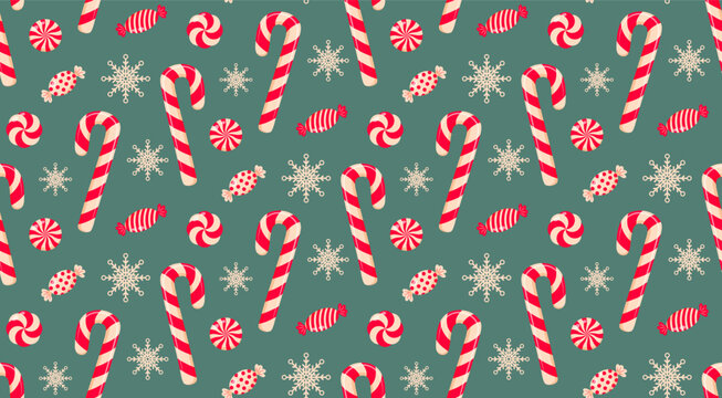 Fototapeta Christmas candy cane, snowflakes and candies seamless pattern on green background.