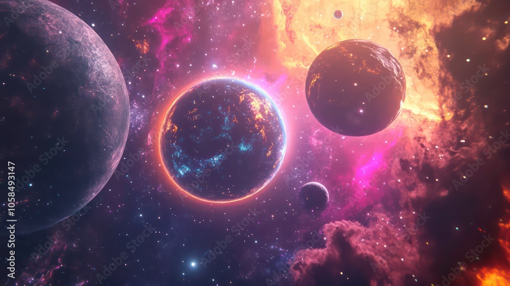 Poster A vibrant cosmic scene featuring multiple planets and colorful nebulae in space.
