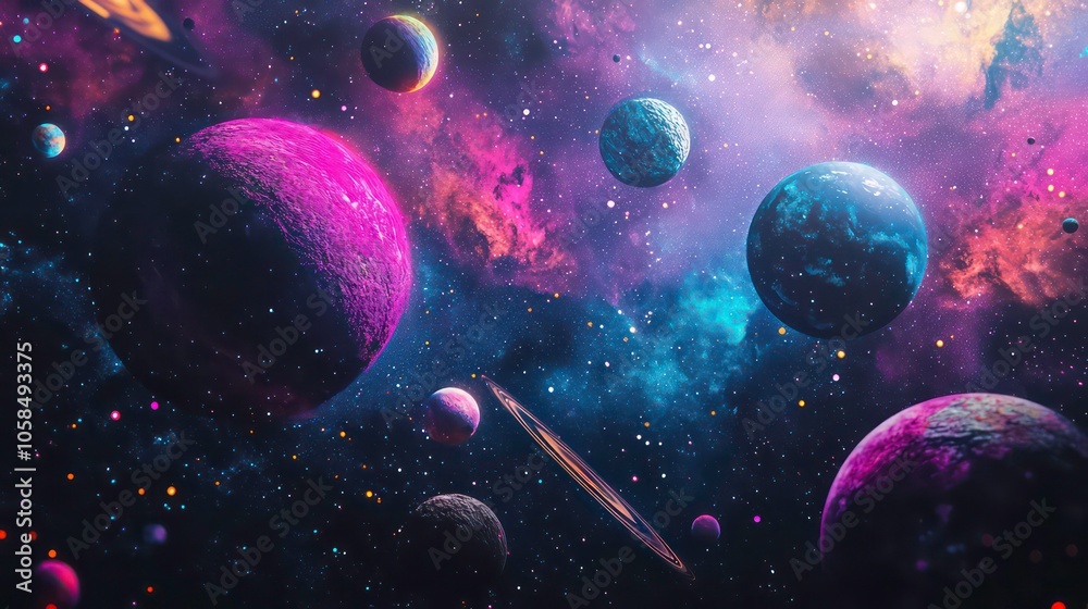 Poster a vibrant cosmic scene featuring various colorful planets and a starry background.
