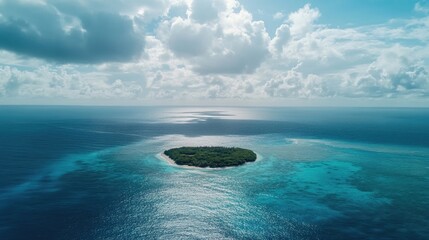 Top view captures a small beautiful sea island surrounded by turquoise waters and a vast blue ocean under a cloudy sky, providing a sunny day impression with ample copy space.