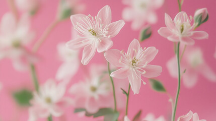 Fototapeta premium Delicate pink flowers in bloom against a soft pink background, creating a serene spring atmosphere