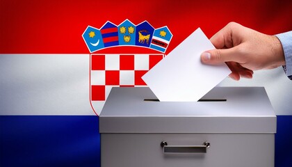 クロアチアの国旗の背景と投票箱と投票する手。選挙。(Croatia flag background and ballot box and hand voting. election.)
