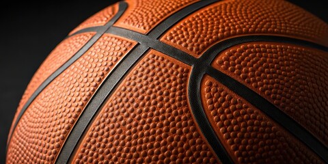 A close-up view of the textured surface of a basketball, revealing the intricate details of the orange leather and the black stitching that forms the iconic pattern of the ball.