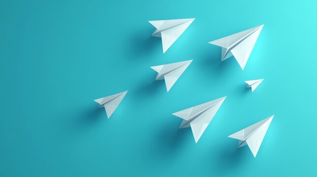 abstract representation of divergent thinking, origami-style paper planes, contrasting trajectories, soft shadows, smooth gradient blue backdrop, digital art style