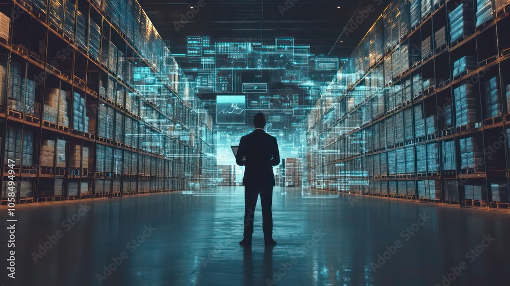 Poster a businessman stands in a warehouse with digital data projections around him.