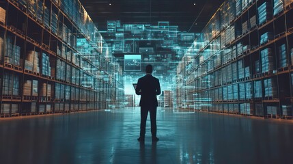 A businessman stands in a warehouse with digital data projections around him.