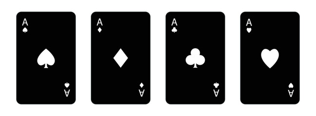 Playing card set. Black Poker cards suits. Four aces icon. Hearts, diamonds, spades, clubs ace. Winning poker hand. Las Vegas Casino gambling concept. Simple flat design. White background. Vector