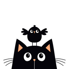 Black kitten cat head face looking at funny bird sitting on head. Kawaii baby pet animal. Cute cartoon character. Notebook cover, greeting card, sticker print. Flat design. White background. Vector