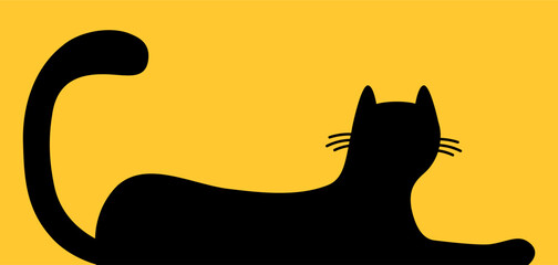 Lying cat black silhouette. Long body. Cute kawaii chilling kitten head face. Happy Halloween. Cartoon baby pet character. Greeting card, banner, sticker print. Flat design. Yellow background. Vector