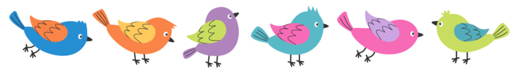 Cute bird icon set line. Different color birds collection. Kawaii cartoon funny baby character. Colorful sticker decoration print. Childish style. Flat design. Isolated. White background. Vector