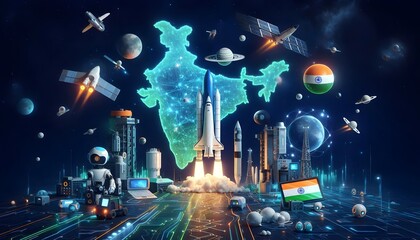 A futuristic vision of India’s achievements in space and science, like ISRO’s missions and startups. Rockets and satellites launch from a glowing map of India.