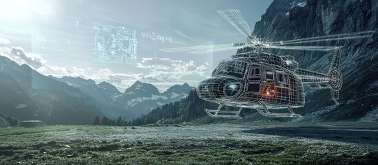 Virtual reality mountain emergency attended by a wireframe ambulance helicopter in AR.