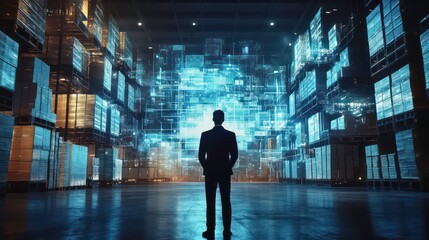 A silhouette of a person stands before a futuristic display in a warehouse setting.