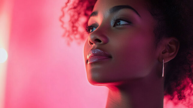 Young woman with curly hair poses elegantly in soft pink lighting at an indoor location