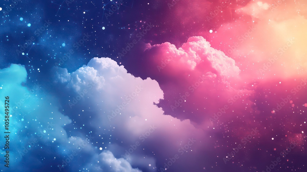 Poster A futuristic digital landscape featuring cloud computing and data flow.