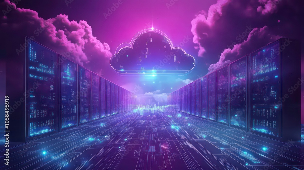 Poster A futuristic digital landscape featuring cloud computing and data flow.