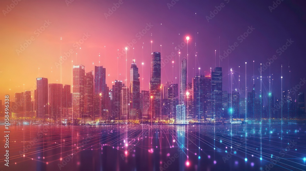 Poster The concept of the smart city connects the abstract dot point design with the gradient line and intricate wave line design. It is a concept of the big data connection technology.