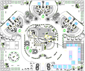Vector sketch, silhouette illustration, design of a site plan, layout of a house with a garden full of plants and shady trees