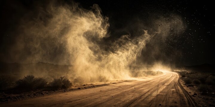 A dusty road winds through a desert landscape, illuminated by the faint glow of a distant light source, with swirling sand particles creating a dramatic sky above.