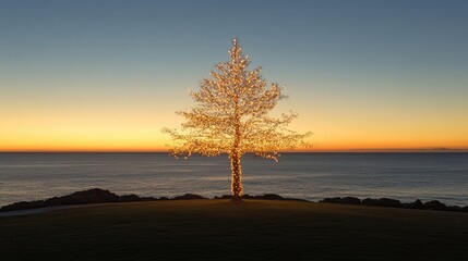 Obraz premium A solitary tree near the sea is set against a sunlit backdrop, beautifully adorned with Christmas lights, creating a serene holiday atmosphere and offering ample photo space.