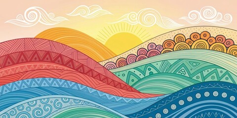 A colorful landscape with stylized hills and clouds, a sun shining brightly over the mountains, and a vibrant color palette for a cheerful and whimsical feel.