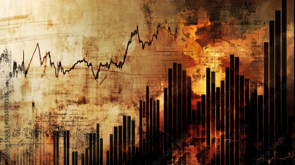 Poster Abstract representation of financial data with fluctuating graphs and urban skyline backdrop.
