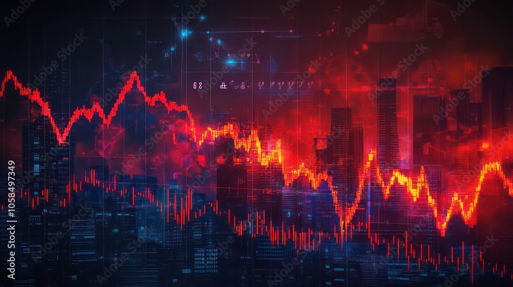 Poster Abstract representation of financial data with fluctuating graphs and urban skyline backdrop.