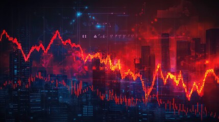 Abstract representation of financial data with fluctuating graphs and urban skyline backdrop.