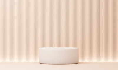 Minimalist product stand with a soft beige backdrop and round platform, ideal for elegant and seamless presentations in warm, neutral tones. 3d rendering