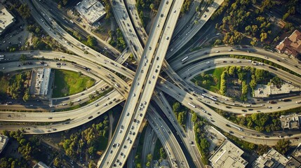 overhead capture of expansive freeway interchange, crisscrossing roadways, streaming traffic, precise lane divisions, curved on-ramps and off-ramps, verdant pockets amidst concrete jungle, urban