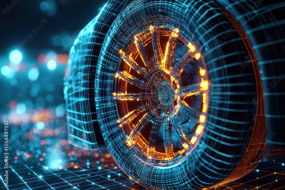 Wall mural wireframe polygonal design of a mesh car wheel highlighted with lightspot effects.