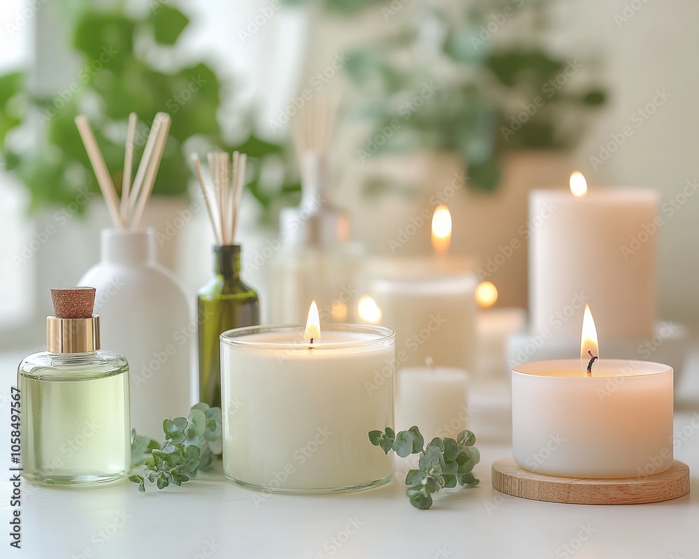 Poster Elegant Candle and Fragrance Display with Soft Ambient Lighting