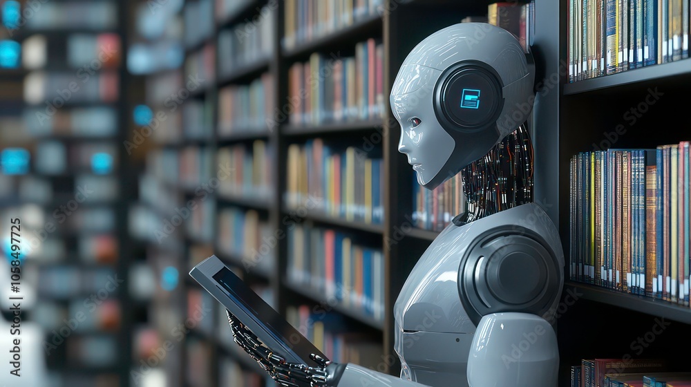 Fototapete a humanoid robot reading in a library filled with books.