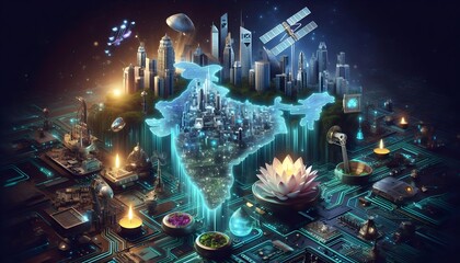 A 3d rendered futuristic depiction of India’s tech hubs and industries, including IT, manufacturing, and space exploration. Skyscrapers, satellites, robotic arms, and circuit boards.