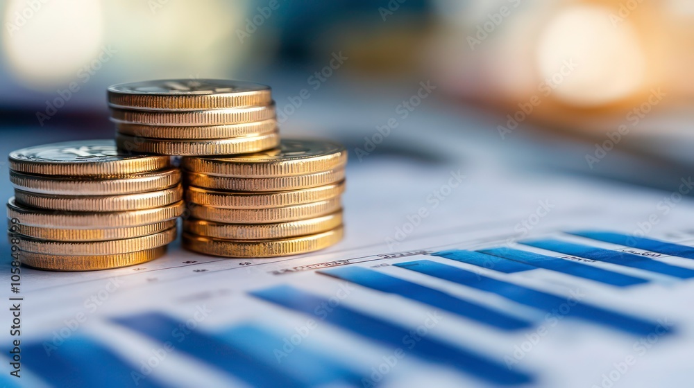 Aufkleber A stack of coins on a financial report with bar graphs.