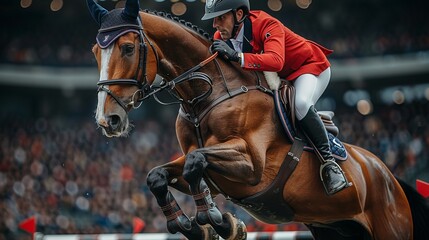 Fototapeta premium Show Jumping: Horse and Rider in Mid-Air