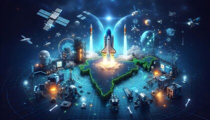 A futuristic vision of India’s achievements in space and science, like ISRO’s missions and startups. Rockets and satellites launch from a glowing map of India, with robotic elements.