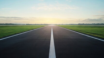 Fototapeta premium An empty asphalt runway extends into the distance, illuminated by dawn light that creates an enchanting glow across the landscape, perfect for captivating photo style with ample copy space.