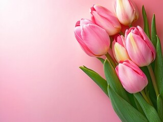 Obraz premium A bouquet of pink tulips against a soft pink background, symbolizing beauty and freshness.