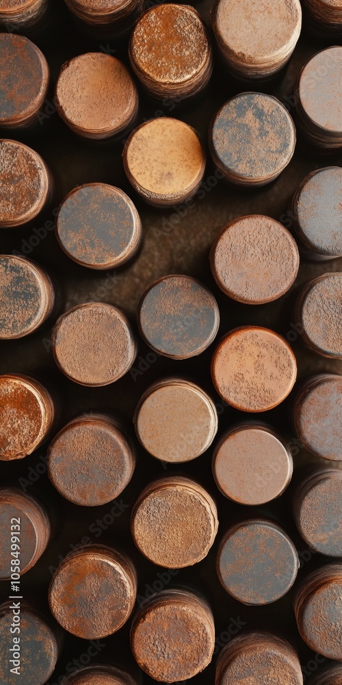 Poster aerial view of symmetrical brown bottle pattern on textured background