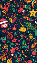 Fototapeta premium Seamless Pattern Whimsical Christmas and New Year Doodles Featuring Festive Icons, Cozy Winter Scenes, and Seasonal Decorations in Vibrant Colors