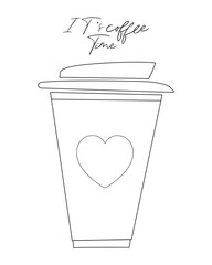 Coffee to go cup. Vector illustration of line art of take away cup isolated on white background