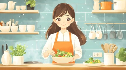 Young asian woman chef cooking preparing a food wearing uniform in kitchen at home restaurant. Cute watercolor illustration, lofi anime girl manga style, modern 3d digital artwork background banner.