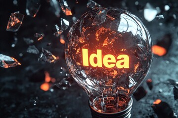 A light bulb with the text "Idea" inside, glowing orange against background, with floating crystal fragments around it. 