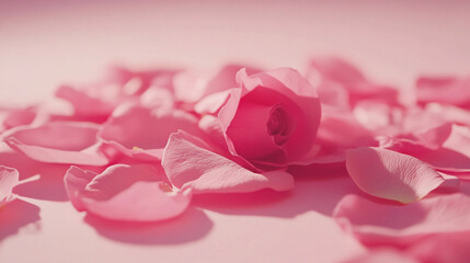 Delicate pink rose surrounded by soft petals on a light surface in a serene setting